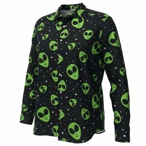 Spirit Alien Graphic Black And Green Button Down Shirt SZ L